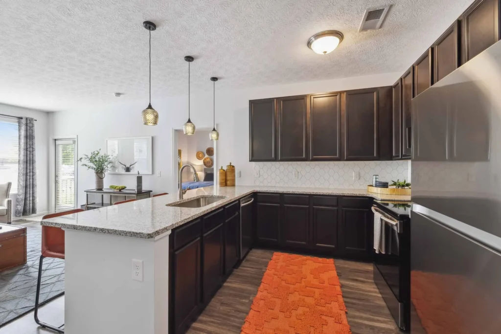 Modern kitchen with dark cabinets, stainless steel appliances, a granite countertop, pendant lights, and an orange rug on a wood floor. Living area visible in the background.